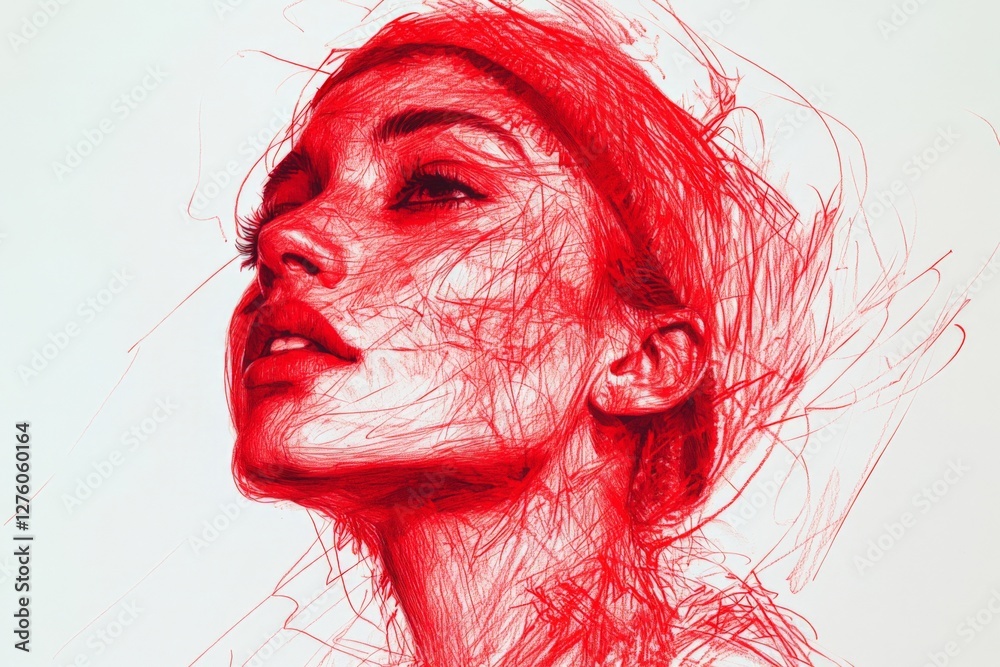 Poster red thread artwork showcasing a woman's profile with intricate details and expressive features