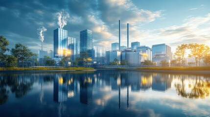 Naklejka premium A vibrant city skyline reflects on a serene lake, showcasing modern architecture, greenery, and a dynamic blend of nature and urban life.