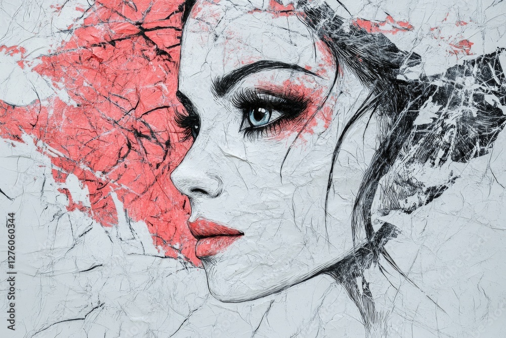 Poster artistic portrayal of a woman’s face with textured elements and vibrant colors in a modern design