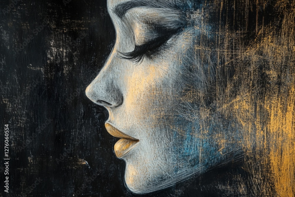 Poster Artistic expression captured in a detailed side profile of a woman with intricate shading and vibrant highlights