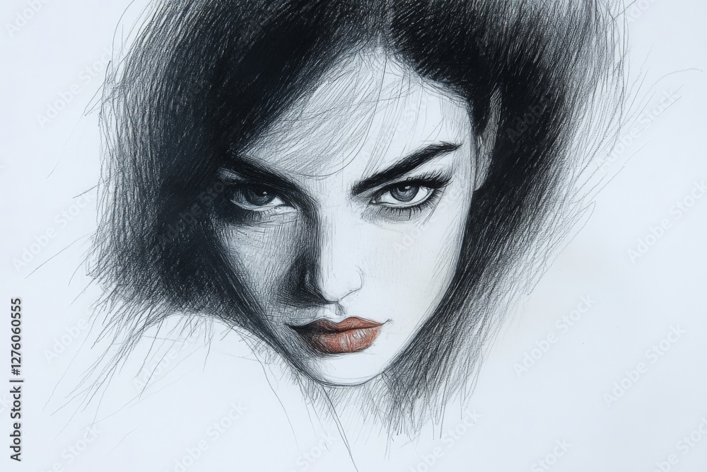 Poster artistic portrait of a young woman with striking features and confident expression using pencil and 