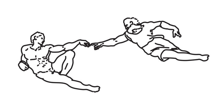 Adam and god the creation of adam famous painting michelangelo renneasince sistine chapel genesis bible motive touching fingers connections flat vector illustration Classical Art Piece modernized