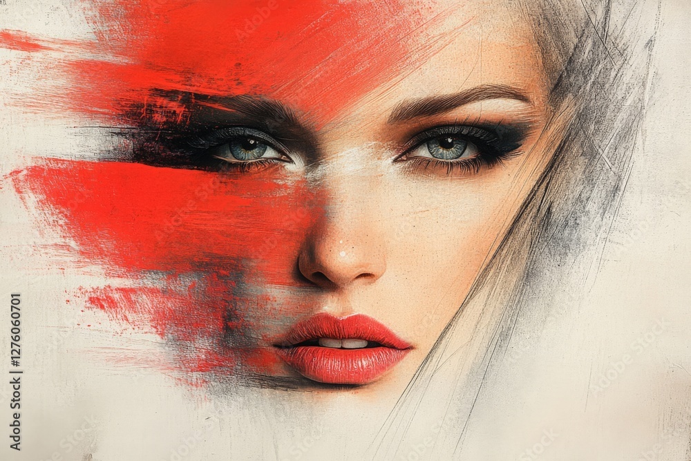 Poster Artistic representation of a woman's face with vibrant colors and striking features in a modern style