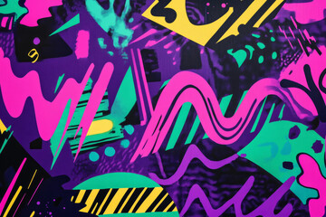 Fototapeta premium A 1990s aesthetic background featuring bold text and abstract wave patterns in neon hues of purple, pink, and green, offering a fun, energetic, and nostalgic feel
