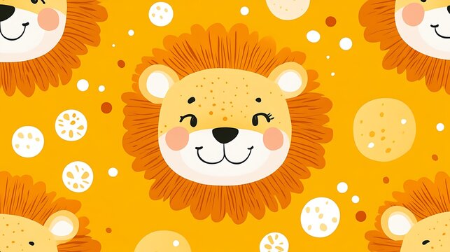 Cute lion heads pattern on yellow background