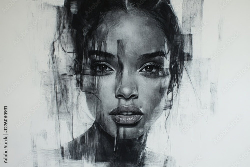 Aufkleber artistic portrait of a woman's face with abstract features and expressive detail on canvas