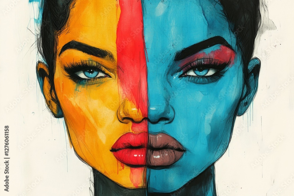 Poster two contrasting faces express emotion and duality in vibrant colors representing identity and cultur