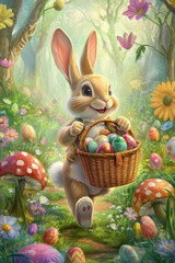 A joyous Easter Bunny hopping through a forest of oversized flowers and mushrooms, carrying a large colorful basket.
