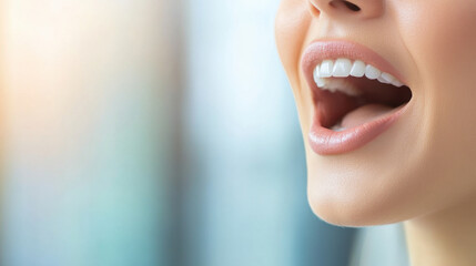 Obraz premium close up of woman mouth expressing joy while speaking, showcasing bright white teeth and vibrant smile. background is softly blurred, enhancing focus on mouth