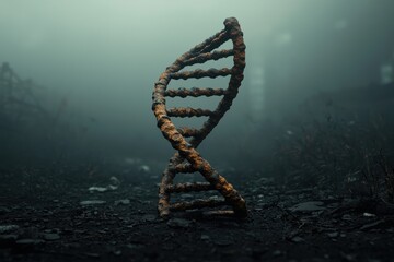 Genetic experiment gone wrong distorted dna helix in abandoned lab sci-fi setting dark atmosphere