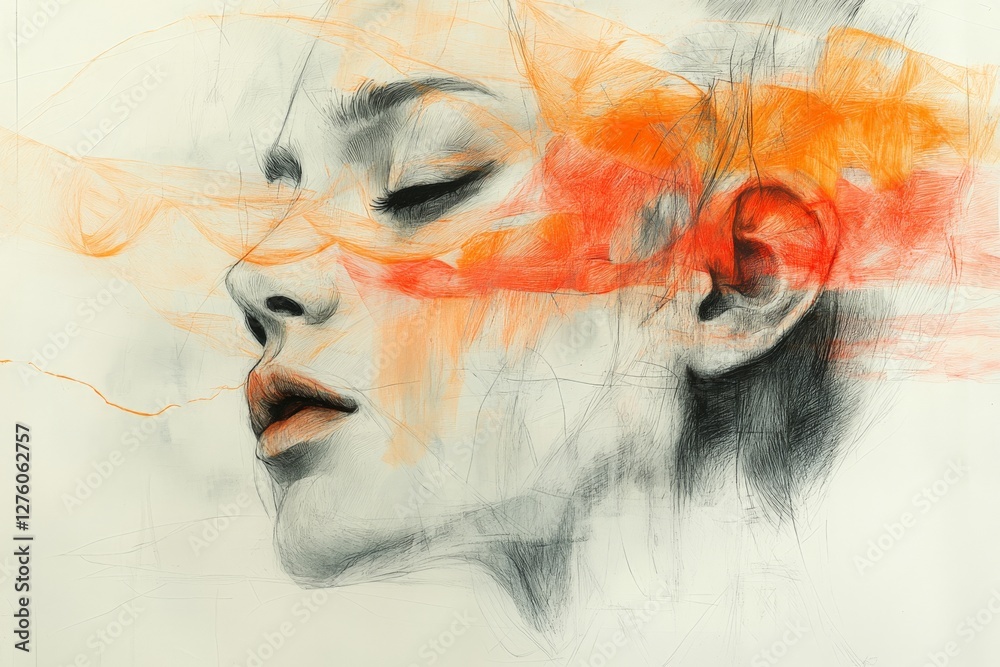 Poster woman's profile captured in expressive art featuring vibrant colors and delicate lines on a minimali