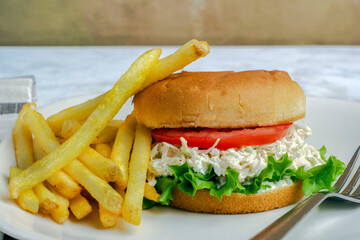 chicken salad sandwich  with fries,