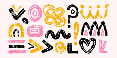 Hand Painted Grunge Abstract Shapes with Black, Pink and Yellow Bold Brush Strokes. Vibrant geometric doodles on a cream background. Playful and modern design drawn with thick lines