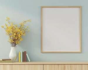Blank frame mockup on a light blue wall with yellow flowers in a vase and books on a shelf