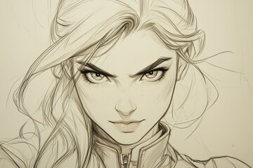 Fototapeta premium Engaging portrait of a fierce female character showcasing expressive features and dynamic hairstyle