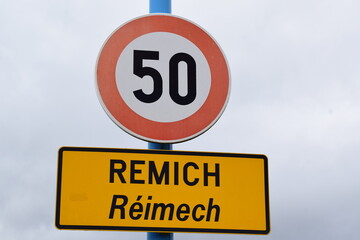 Town name sign of Remich, limit 50