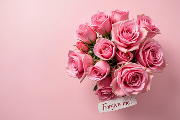 A bouquet of lush roses with the inscription Forgive me!. The concept of an apology is very detailed