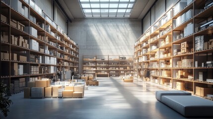 A spacious, modern library with shelves full of books and boxes, illuminated by natural light from a skylight.