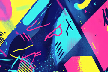90s-inspired background with graffiti-like text and abstract colorful geometric patterns using neon colors of pink, blue, and lime green, capturing the essence of street art and urban aesthetics