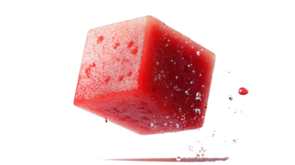 A vibrant red watermelon slice, falling mid-air, isolated on a white background.