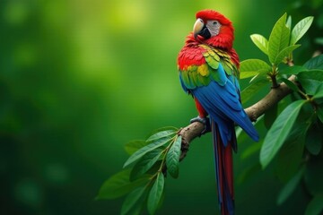 Obraz premium Colourful feathers and leaves on a tropical tree branch, foliage, tropical