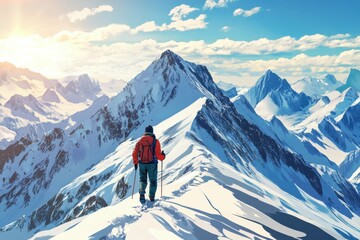 Conqueror of Peaks: Adventurous Traveler Scaling Snowy Mountains on a Sunny Winter Day