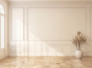 Minimalist interior design with white walls. wooden floor. and a potted plant