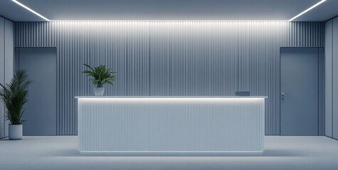 A sleek reception desk stands in the center of a contemporary office space featuring smooth surfaces and ambient lighting