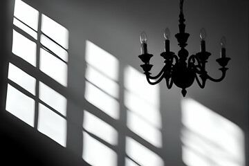 Sunlight streaming through multi paned window creating dramatic light and shadow patterns on wall behind elegant chandelier in black and white
