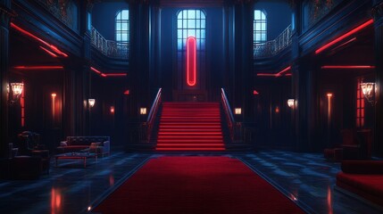 Red carpet grand mansion entrance, neon lights, art deco style, luxury interior