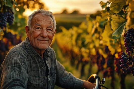 Smiling elderly vintner stands amidst his vineyard at sunset, embodying years of experience and passion.