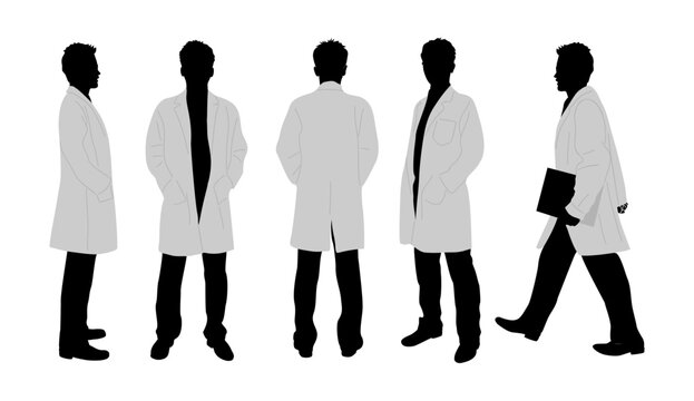 Silhouettes of Male doctor character in different poses - front, side, back rear view full length, standing and walking with document folder. Confident healthcare professional wearing lab coat, gown.
