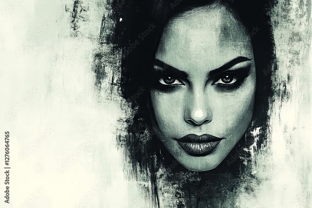 Poster artistic portrait of a woman with striking features in a monochrome style showcasing depth and emoti