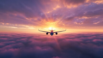 Jet Plane Sunset Flight Above Clouds - Airplane descends through sunset clouds, symbolizing travel, freedom, adventure, journey, and hope