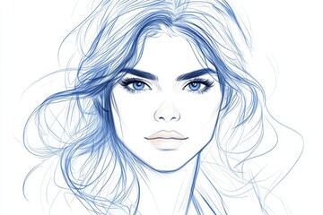 Elegant blue line drawing of a young woman with flowing hair and captivating eyes reflecting beauty and artistry