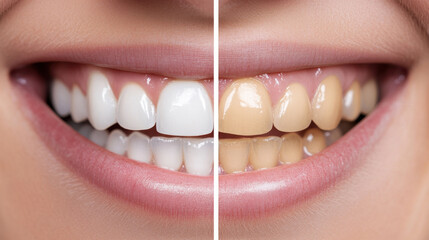 Bright white teeth contrast with yellowed teeth, showcasing results of dental treatment. This highlights importance of oral hygiene and cosmetic dentistry