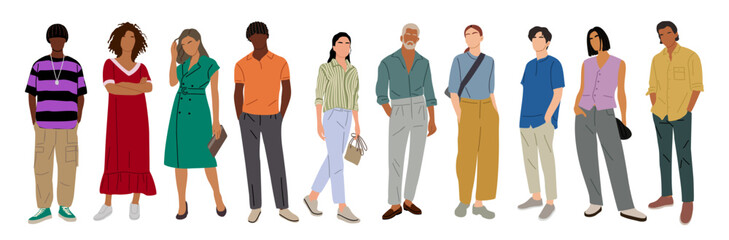 Set of stylish young men and women wearing summer street fashion outfit. Different business people in smart casual office clothes. Vector realistic illustrations isolated