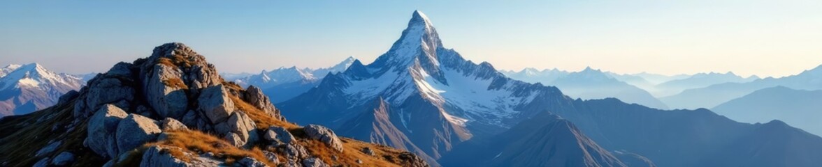 Peak of the mountain with a small space in front, rocky outcrop, mountain peak
