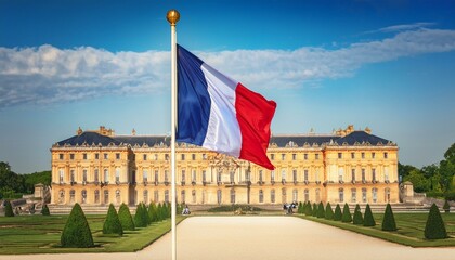 Fototapeta premium A grand French flag waving in front of the Palace of Versailles.