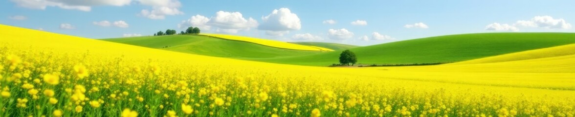Obraz premium Rolling hills of yellow rapeseed fields in spring, flowers, hills, farming