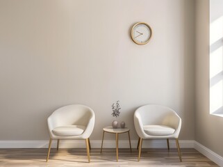 Minimalist interior design with two white chairs. a small table and a clock on a beige wall
