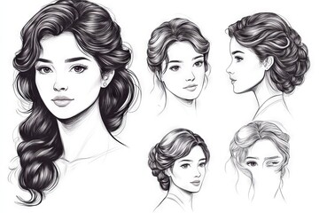 Obraz premium Different hairstyles and looks of young women displayed in detailed sketches showcasing various expressions and styles