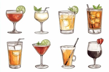 Craft Cocktails. Glasses, Drink, Beer, Tea, Beverage, Alcohol in a Cup at a Cold Bar