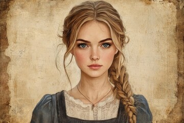 Fototapeta premium Young woman with braided hair dressed in vintage attire poses against a textured background in a serene setting