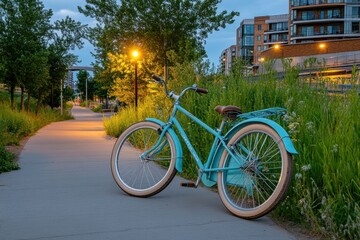 Cruiser Bicycle on Pathway: Summer Evening Recreation in Calgary's East Village