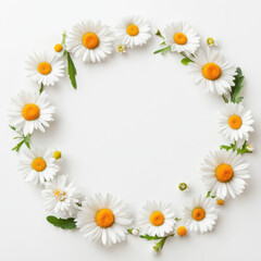 Obraz premium beautiful circle of daisy flowers on white background, creating fresh and cheerful atmosphere. Perfect for spring themes and floral designs