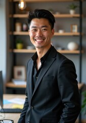 Obraz premium Man in professional attire smiling confidently indoors at a modern workspace
