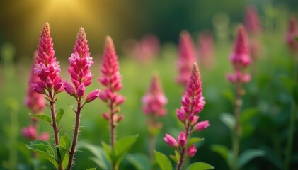 Fototapeta premium blooming pink flowers on thorny spiked veronica plants, flowers, nature