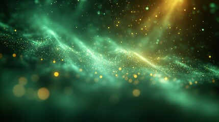 Asymmetric green light burst. abstract beautiful rays of lights on a dark green background with the colors of green and yellow