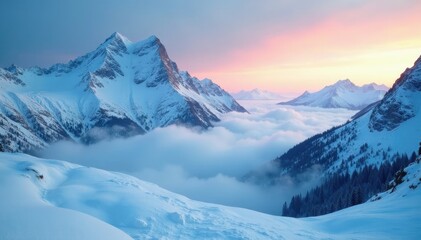 Obraz premium Icy blue mist surrounds snow-covered mountains at dawn, blue, snowcovered